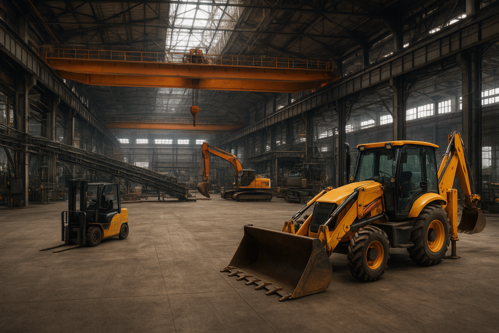 Ambiente industrial amplo com ponte rolante, empilhadeira, retroescavadeira e guindaste, representando uma área de operação e movimentação de materiais pesados.
