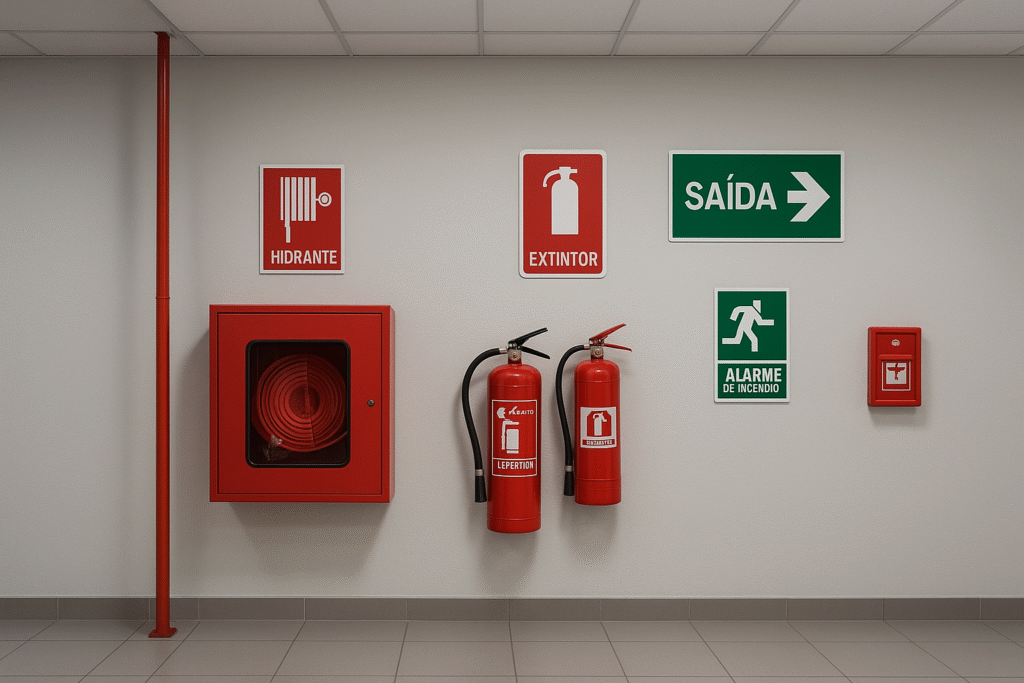 Sistema completo de prevenção e combate a incêndio com hidrante, extintores, alarme de incêndio e sinalização de saída de emergência instalados conforme normas da ABNT.