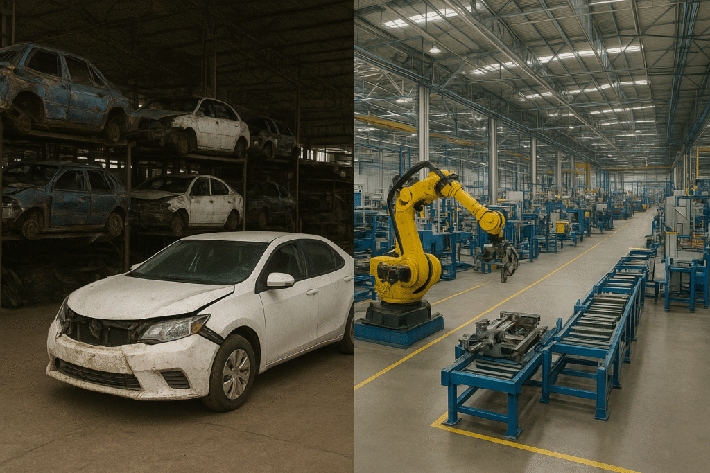 Comparativo entre pátio de desmonte automotivo com veículos danificados e linha de produção industrial automatizada com robô de montagem.
