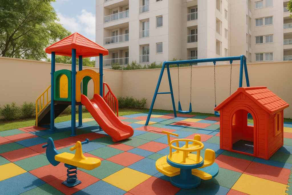 Playground de condomínio com brinquedão, balanço, gangorra, escorregador, carrossel infantil e casinha, instalado sobre piso emborrachado colorido.
