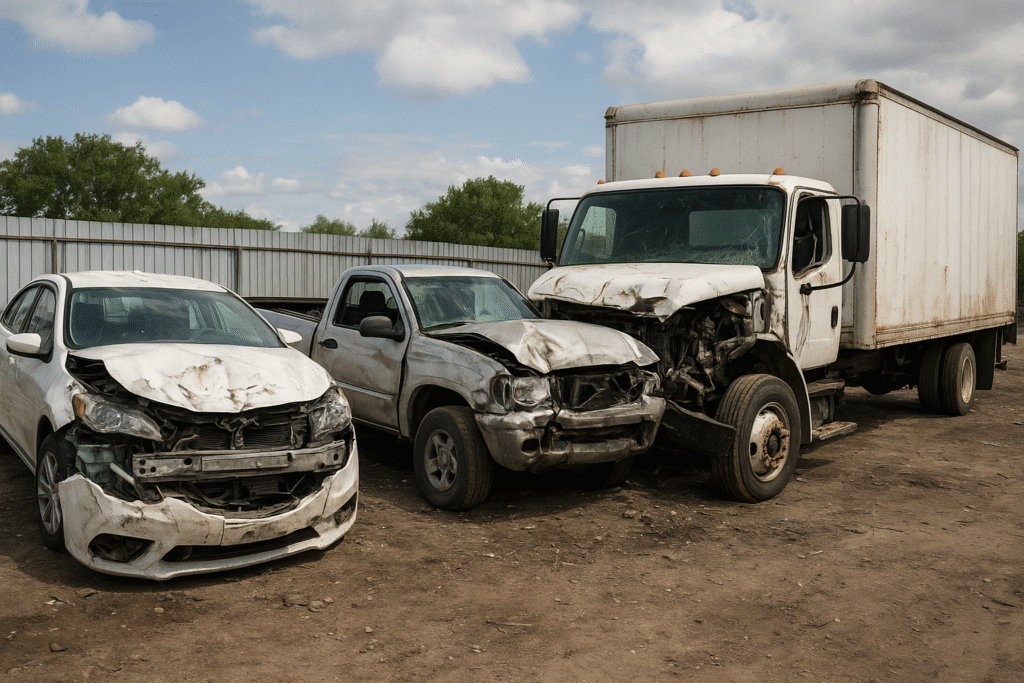 Veículos sinistrados em pátio destinados à reclassificação de monta, vistoriados pela Outbox Engenharia conforme normas técnicas do CREA e DETRAN.