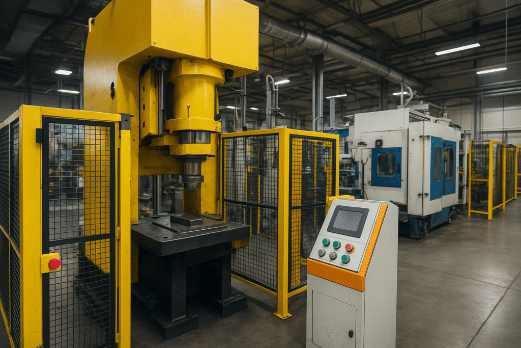 Máquinas industriais com proteções de segurança e painéis de comando adequados à NR-12 em fábrica, representando laudo de adequação elaborado pela OUTBOX Engenharia.