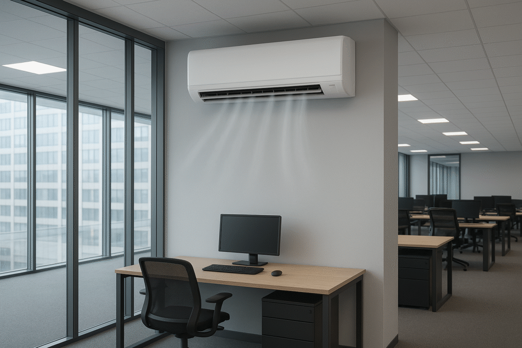 Sistema de ar-condicionado em pleno funcionamento em um ambiente corporativo moderno e climatizado.