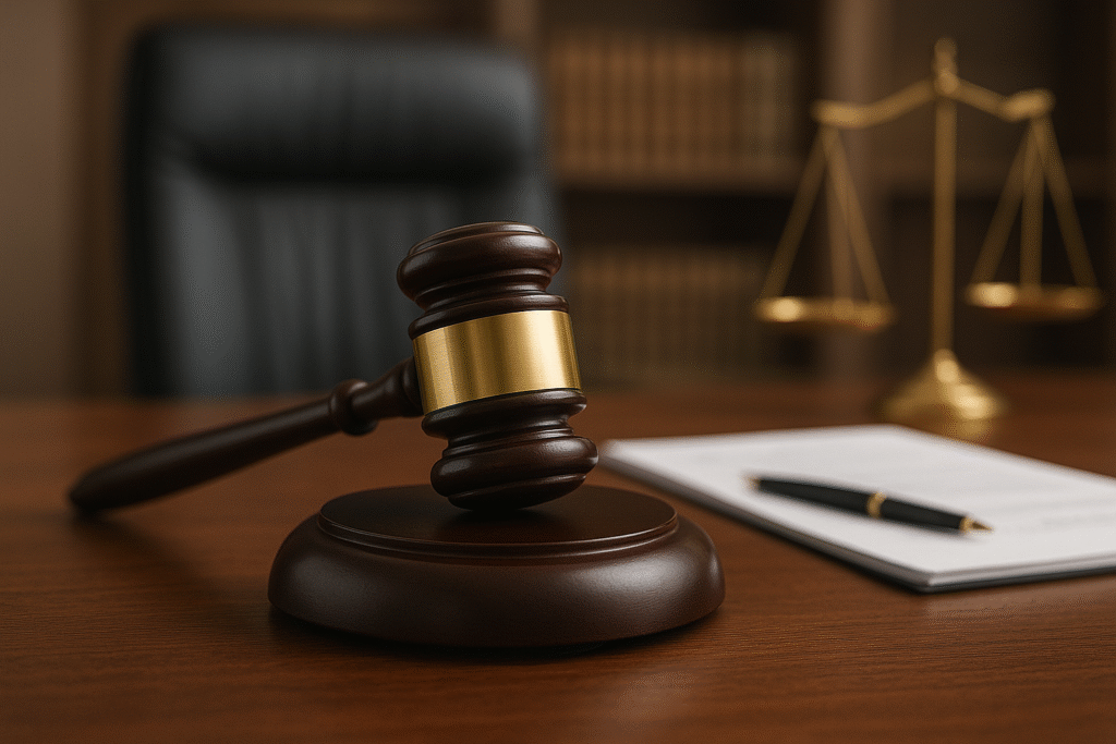 Martelo de juiz sobre a mesa de tribunal, simbolizando a justiça e a imparcialidade em processos técnicos e periciais.