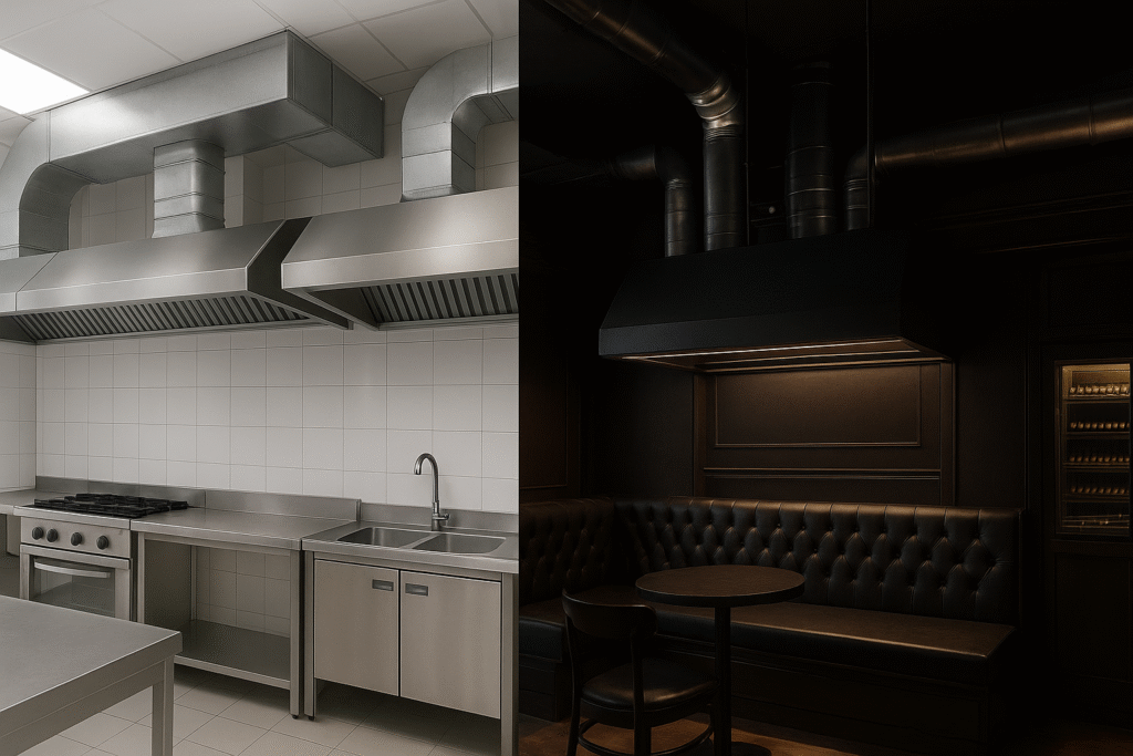 Sistema de exaustão em cozinha industrial com coifas de aço inox e dutos conforme normas da ABNT e Corpo de Bombeiros, vistoriado pela OUTBOX ENGENHARIA.